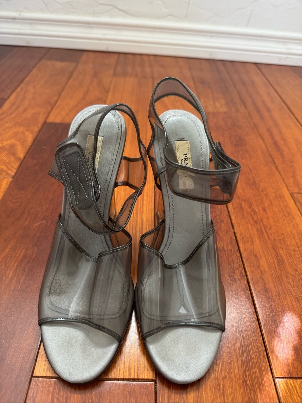 Prada Gray Transparent Strap Heeled Sandals